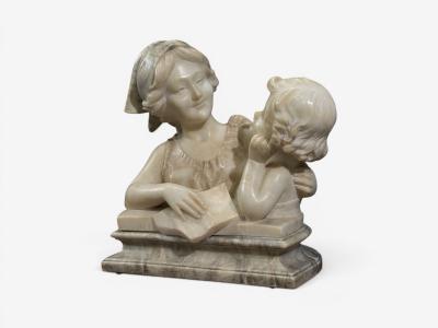 Neoclassical Marble Statue Mother and Daughter France 1910s