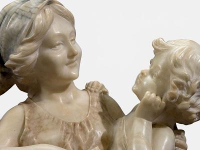 Neoclassical Marble Statue Mother and Daughter France 1910s