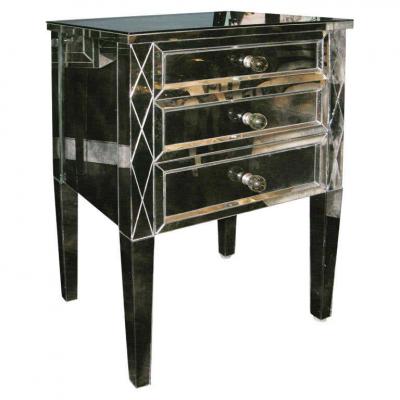 Neoclassical Modern 3 Drawer Diamond Front Beveled Smoked Mirror Nightstand