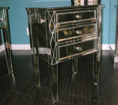 Neoclassical Modern 3 Drawer Diamond Front Beveled Smoked Mirror Nightstand