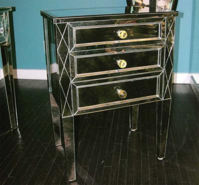 Neoclassical Modern 3 Drawer Diamond Front Beveled Smoked Mirror Nightstand