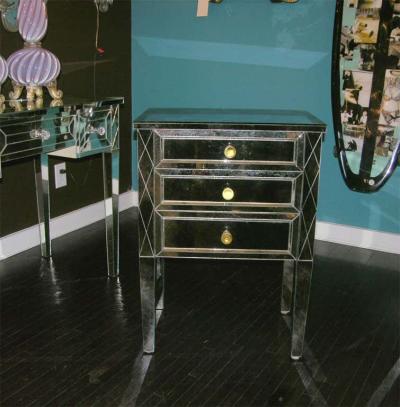 Neoclassical Modern 3 Drawer Diamond Front Beveled Smoked Mirror Nightstand