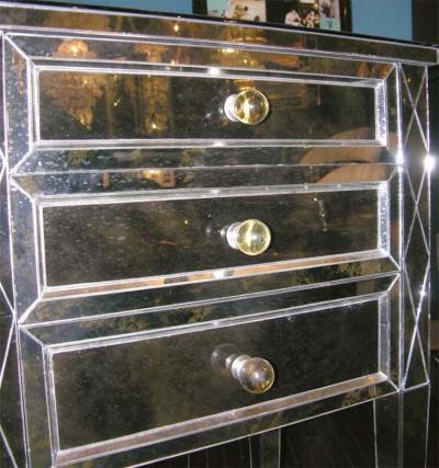 Neoclassical Modern 3 Drawer Diamond Front Beveled Smoked Mirror Nightstand