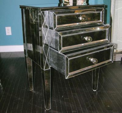 Neoclassical Modern 3 Drawer Diamond Front Beveled Smoked Mirror Nightstand