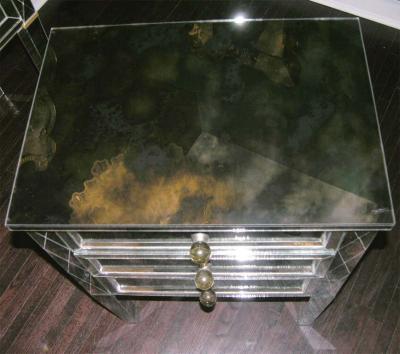 Neoclassical Modern 3 Drawer Diamond Front Beveled Smoked Mirror Nightstand