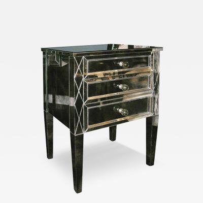 Neoclassical Modern 3 Drawer Diamond Front Beveled Smoked Mirror Nightstand