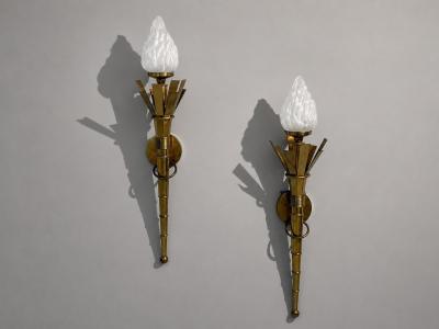 Neoclassical Monumental Torchiere Wall Sconces Brass Glass 20th c 