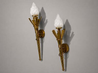 Neoclassical Monumental Torchiere Wall Sconces Brass Glass 20th c 