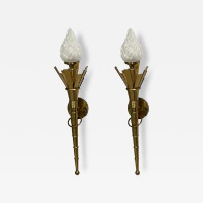 Neoclassical Monumental Torchiere Wall Sconces Brass Glass 20th c 