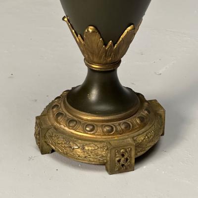 Neoclassical Pair of Large Urns Gilt Bronze Green Painted Metal 1970s