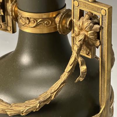 Neoclassical Pair of Large Urns Gilt Bronze Green Painted Metal 1970s