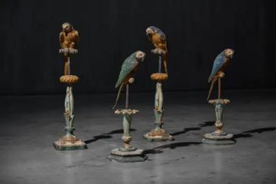 Neoclassical Parrot Sculptures on Pedestals Italy 19th Century