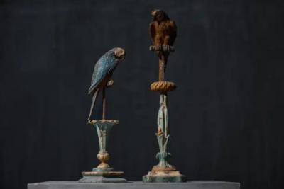 Neoclassical Parrot Sculptures on Pedestals Italy 19th Century