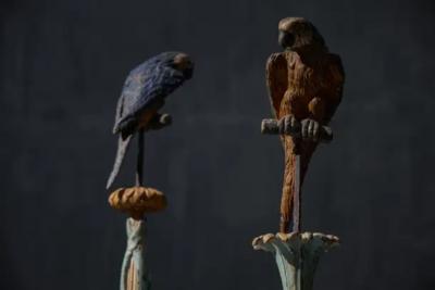 Neoclassical Parrot Sculptures on Pedestals Italy 19th Century