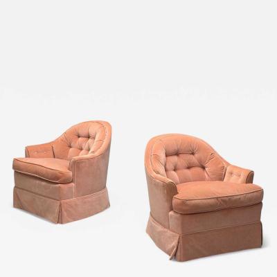 Neoclassical Pink Mohair Stained Wood Traditional Lounge Chairs USA 1970s
