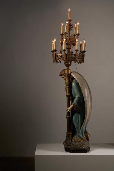 Neoclassical Polychrome Wood and Gilt Metal Angel Floor Lamps 19th Century