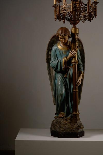Neoclassical Polychrome Wood and Gilt Metal Angel Floor Lamps 19th Century