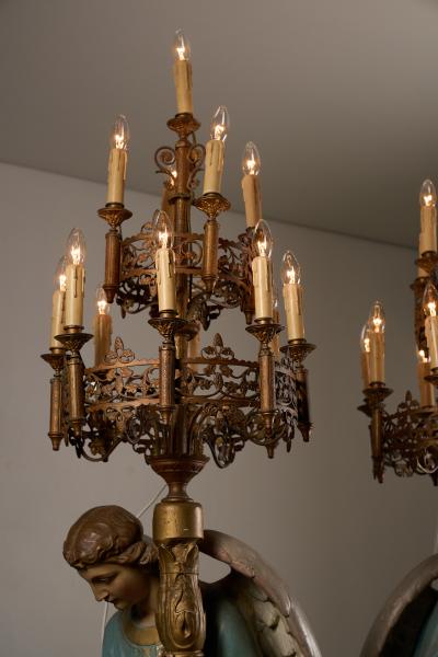 Neoclassical Polychrome Wood and Gilt Metal Angel Floor Lamps 19th Century