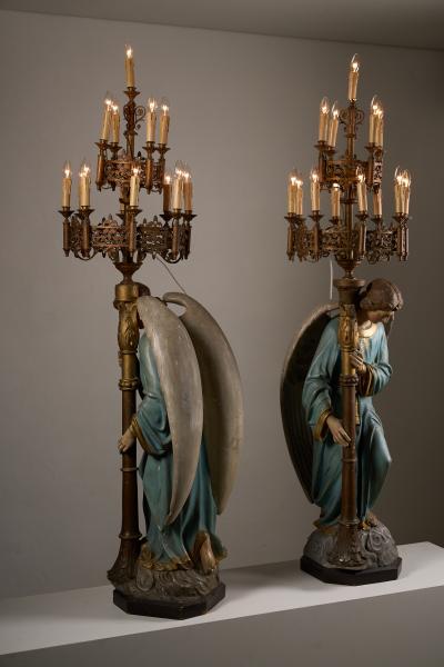 Neoclassical Polychrome Wood and Gilt Metal Angel Floor Lamps 19th Century