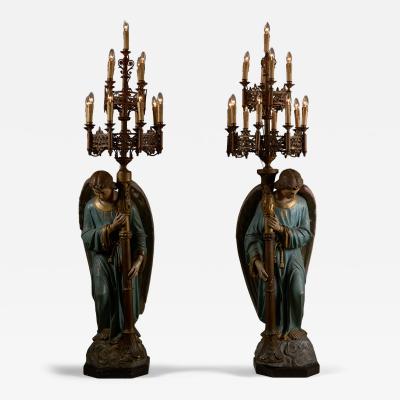 Neoclassical Polychrome Wood and Gilt Metal Angel Floor Lamps 19th Century