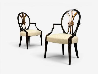 Neoclassical Prince of Wales Armchairs Ebonized Wood Gilt Silk USA 19th c 