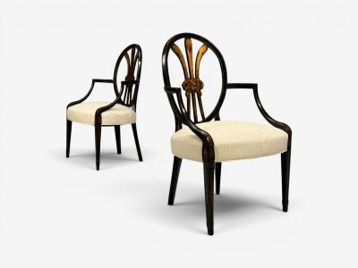Neoclassical Prince of Wales Armchairs Ebonized Wood Gilt Silk USA 19th c 
