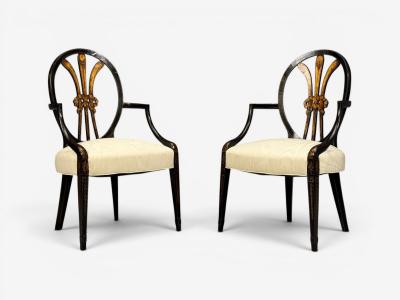 Neoclassical Prince of Wales Armchairs Ebonized Wood Gilt Silk USA 19th c 