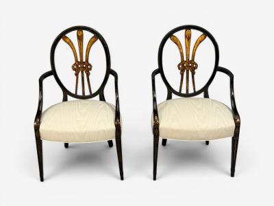 Neoclassical Prince of Wales Armchairs Ebonized Wood Gilt Silk USA 19th c 