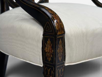 Neoclassical Prince of Wales Armchairs Ebonized Wood Gilt Silk USA 19th c 