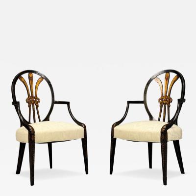 Neoclassical Prince of Wales Armchairs Ebonized Wood Gilt Silk USA 19th c 