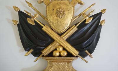 Neoclassical Regency Giltwood and Ebonized Convex Mirror Signed and Dated 1813