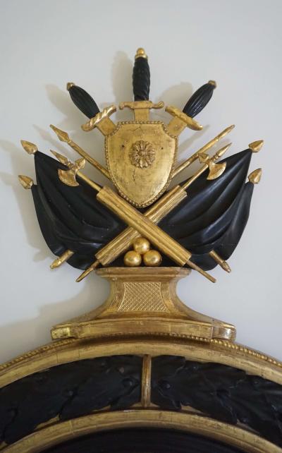 Neoclassical Regency Giltwood and Ebonized Convex Mirror Signed and Dated 1813