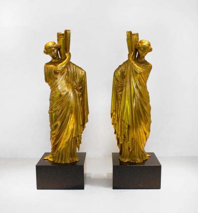 Neoclassical Romanesque Bronze Female Form Sculptures with Marble Bases