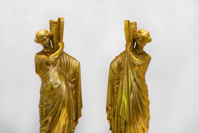 Neoclassical Romanesque Bronze Female Form Sculptures with Marble Bases
