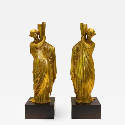 Neoclassical Romanesque Bronze Female Form Sculptures with Marble Bases