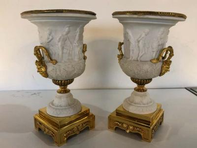 Neoclassical Sevres Parian and Dor Bronze Mounted Urns or Vases 1920s a Pair