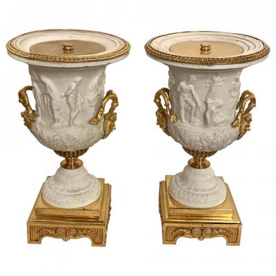 Neoclassical Sevres Parian and Dor Bronze Mounted Urns or Vases 1920s a Pair
