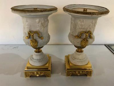 Neoclassical Sevres Parian and Dor Bronze Mounted Urns or Vases 1920s a Pair