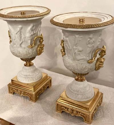 Neoclassical Sevres Parian and Dor Bronze Mounted Urns or Vases 1920s a Pair
