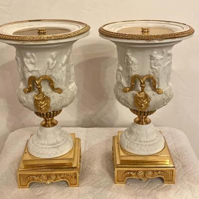 Neoclassical Sevres Parian and Dor Bronze Mounted Urns or Vases 1920s a Pair