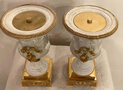Neoclassical Sevres Parian and Dor Bronze Mounted Urns or Vases 1920s a Pair