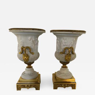 Neoclassical Sevres Parian and Dor Bronze Mounted Urns or Vases 1920s a Pair