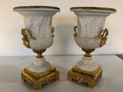 Neoclassical Sevres Parian and Dor Bronze Mounted Urns or Vases 1920s a Pair