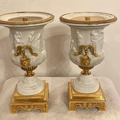 Neoclassical Sevres Parian and Dor Bronze Mounted Urns or Vases 1920s a Pair