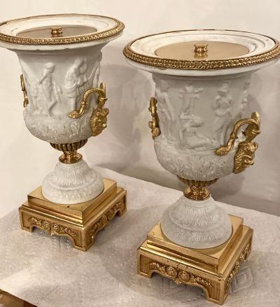 Neoclassical Sevres Parian and Dor Bronze Mounted Urns or Vases 1920s a Pair