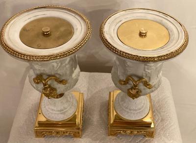 Neoclassical Sevres Parian and Dor Bronze Mounted Urns or Vases 1920s a Pair