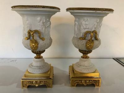 Neoclassical Sevres Parian and Dor Bronze Mounted Urns or Vases 1920s a Pair