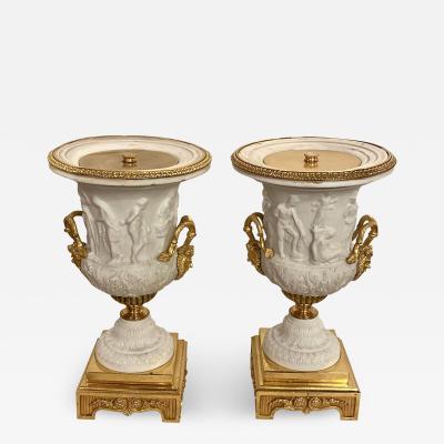 Neoclassical Sevres Parian and Dor Bronze Mounted Urns or Vases 1920s a Pair