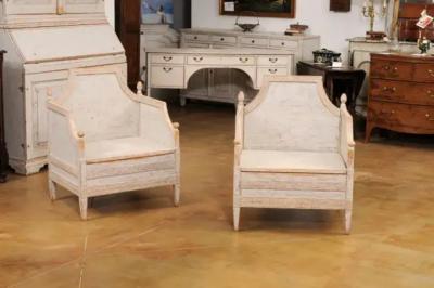 Neoclassical Style 1850s Gray Painted and Carved Armchairs with Guilloches Pair