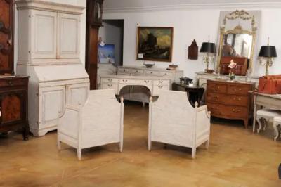 Neoclassical Style 1850s Gray Painted and Carved Armchairs with Guilloches Pair